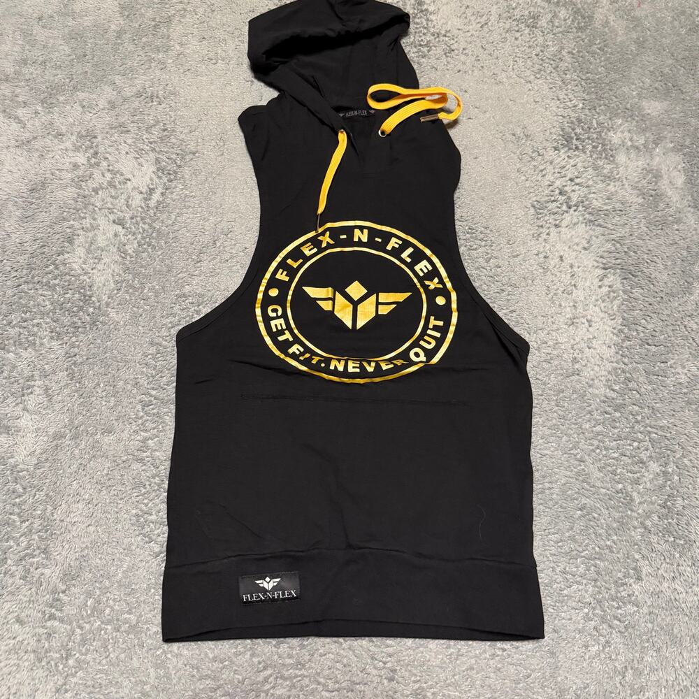 Flex-N-Flex Hoodie Tank Top Shirt Mens Small Black Racerback Gym Workout